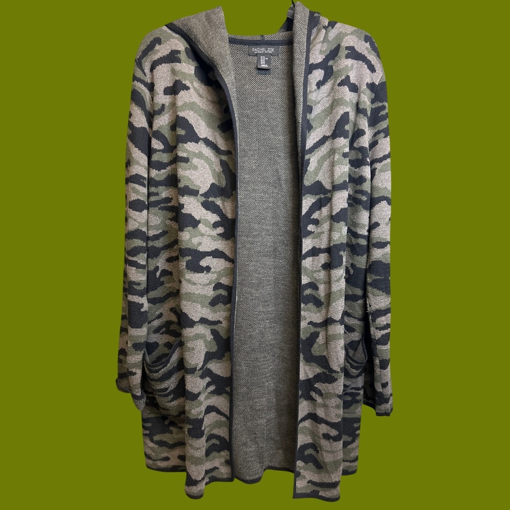 Rachel Zoe Cardigan Women XL Green Camo Hooded Open Front Duster Knit Sweater
